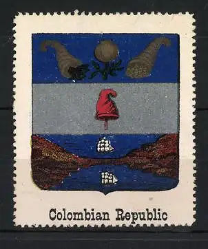 Reklamemarke Kolumbien, Colombian Republic, Segelschiff und Freiheitsmütze