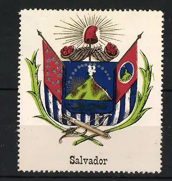 Reklamemarke Salvador, Wappen mit Vulkan und Waffen