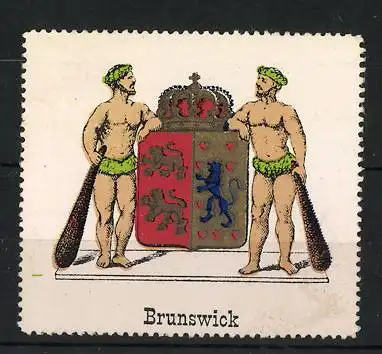 Reklamemarke Brunswick, Wappen mit Löwen, zwei Krieger