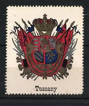 Reklamemarke Tuscany, Wappen mit Krone, Löwen und Schild