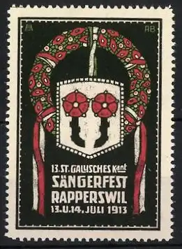 Reklamemarke Rapperswil, 13. St. Gallisches Kant. Sängerfest 1913, Blumenkranz und Wappen