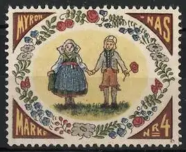 Reklamemarke Myronnas, Kinder in Tracht mit Blumenkranz