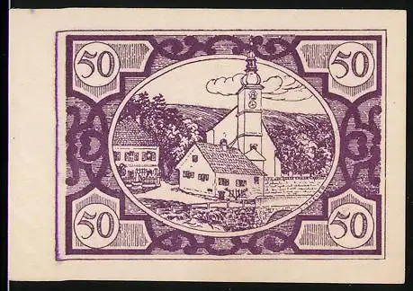 Notgeld Fischlham 1920, 50 Heller, Kirche und Landschaft, Zierfische und Schriftzug