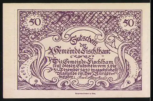 Notgeld Fischlham 1920, 50 Heller, Kirche und Landschaft, Zierfische und Schriftzug