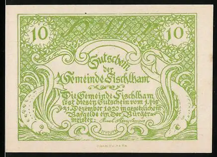 Notgeld Fischlham 1920, 10 Heller, Zierfische und Dorfszene mit Kirche