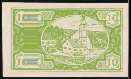 Notgeld Fischlham 1920, 10 Heller, Zierfische und Dorfszene mit Kirche