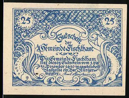 Notgeld Fischlham 1920, 25 Heller, Fische und Dorfansicht