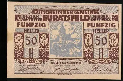 Notgeld Euratsfeld 1920, 50 Heller, Stadtansicht mit Kirche und Wolken