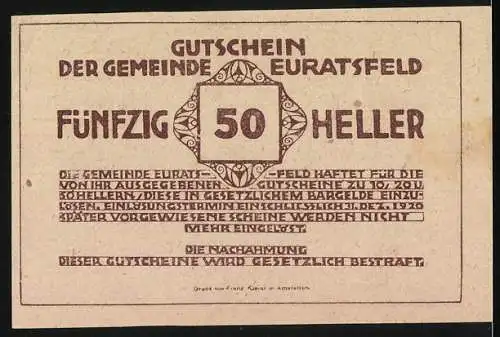 Notgeld Euratsfeld 1920, 50 Heller, Stadtansicht mit Kirche und Wolken