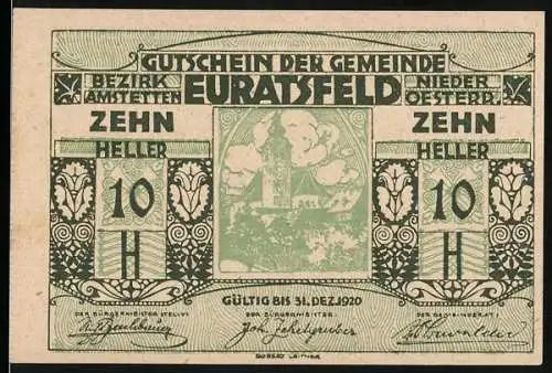 Notgeld Euratsfeld 1920, 10 Heller, Ortsansicht mit Kirche, dekorative Rahmenmuster