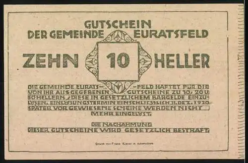 Notgeld Euratsfeld 1920, 10 Heller, Ortsansicht mit Kirche, dekorative Rahmenmuster