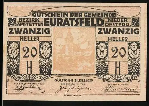 Notgeld Euratsfeld 1920, 20 Heller, stilisierte Ornamente und Text, gültig bis 31. Dez. 1920