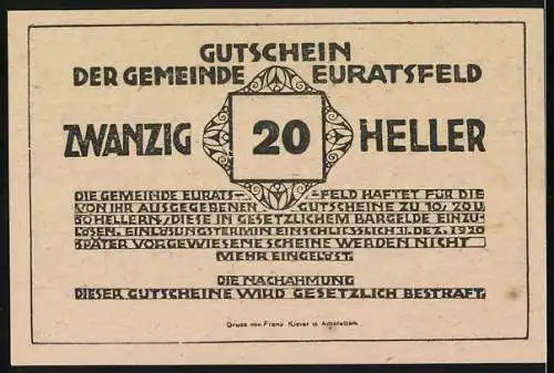 Notgeld Euratsfeld 1920, 20 Heller, stilisierte Ornamente und Text, gültig bis 31. Dez. 1920