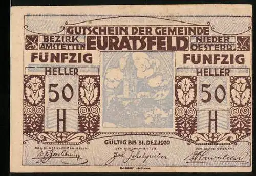 Notgeld Euratsfeld 1920, 50 Heller, Landschaftsmotiv mit Kirche und Wolken, gültig bis 31. Dez. 1920