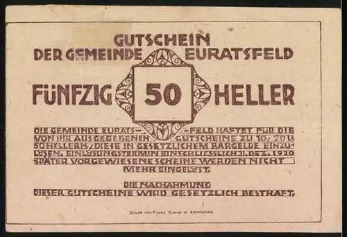 Notgeld Euratsfeld 1920, 50 Heller, Landschaftsmotiv mit Kirche und Wolken, gültig bis 31. Dez. 1920