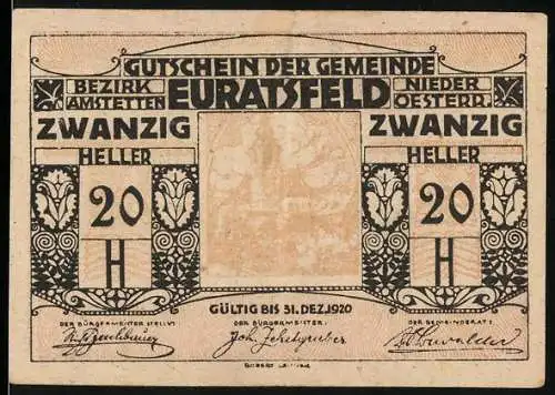 Notgeld Euratsfeld 1920, 20 Heller, florales Design und Textmuster