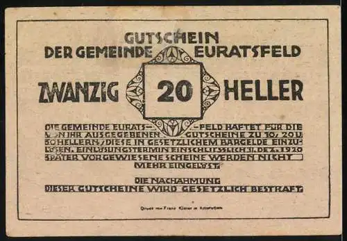 Notgeld Euratsfeld 1920, 20 Heller, florales Design und Textmuster