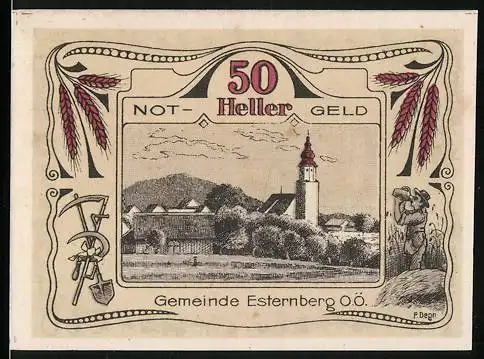 Notgeld Esternberg 1920, 50 Heller, Landschaft mit Kirche und Bauernmotiv, gültig bis 31. Dezember 1920