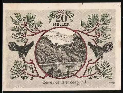 Notgeld Esternberg 1920, 20 Heller, Landschaft mit Wald, See und zwei Birkhühnern