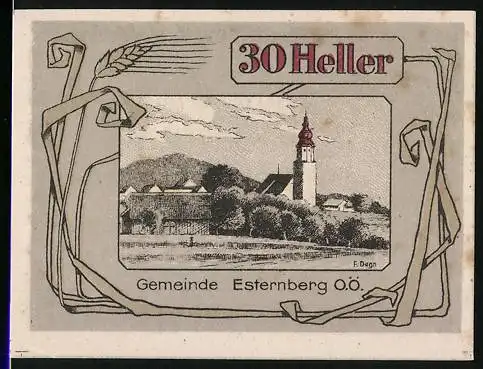 Notgeld Esternberg 1920, 30 Heller, Landschaft mit Kirche und Verzierungen