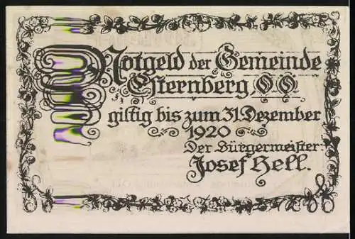 Notgeld Esternberg 1920, 30 Heller, Landschaft mit Kirche und Verzierungen