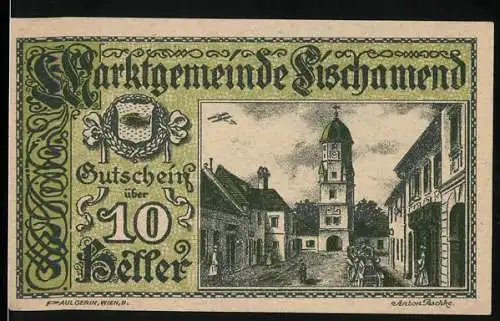 Notgeld Fischamend 1920, 10 Heller, Stadtansicht mit Turm und Flugzeug