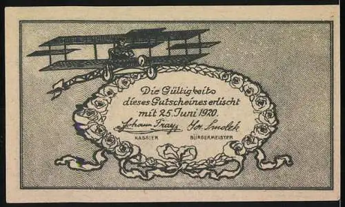 Notgeld Fischamend 1920, 10 Heller, Stadtansicht mit Turm und Flugzeug