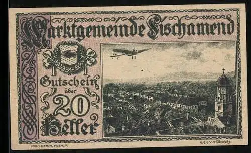 Notgeld Fischamend 1920, 20 Heller, Stadtansicht mit Flugzeug und dekorative Umrandung mit Flugzeugmotiv