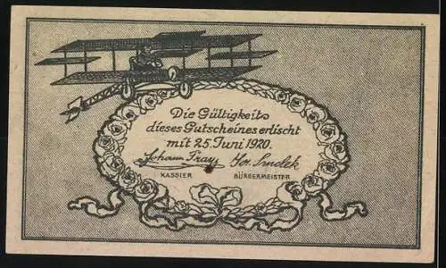 Notgeld Fischamend 1920, 20 Heller, Stadtansicht mit Flugzeug und dekorative Umrandung mit Flugzeugmotiv