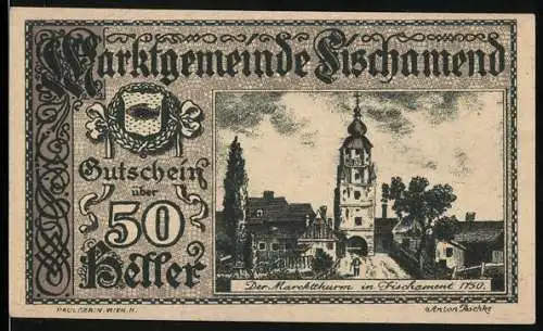 Notgeld Fischamend 1920, 50 Heller, Marktbrunnen und Flugzeugmotiv