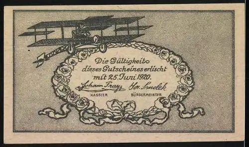 Notgeld Fischamend 1920, 50 Heller, Marktbrunnen und Flugzeugmotiv