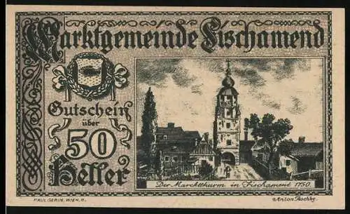 Notgeld Fischamend 1920, 50 Heller, Marktturm und Flugzeugmotiv