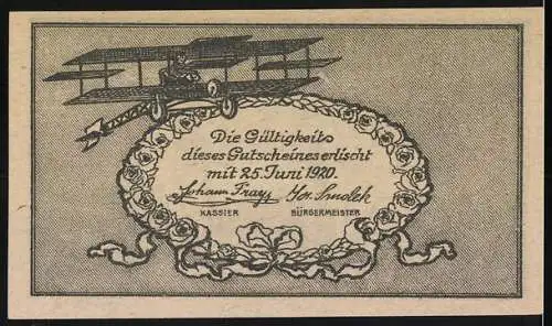 Notgeld Fischamend 1920, 50 Heller, Marktturm und Flugzeugmotiv