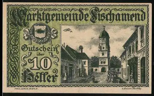 Notgeld Fischamend 1920, 10 Heller, Kirche und Flugzeug mit Rahmenornamenten