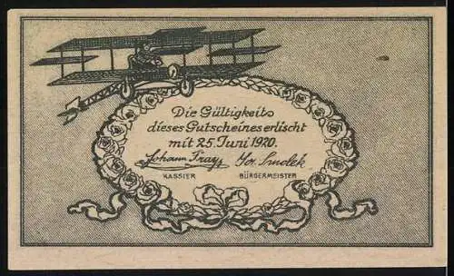 Notgeld Fischamend 1920, 10 Heller, Kirche und Flugzeug mit Rahmenornamenten