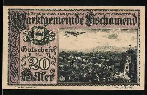 Notgeld Fischamend 1920, 20 Heller, Stadtansicht mit Flugzeug, stilisierte Karte mit Doppeldecker und Gültigkeitsdatum