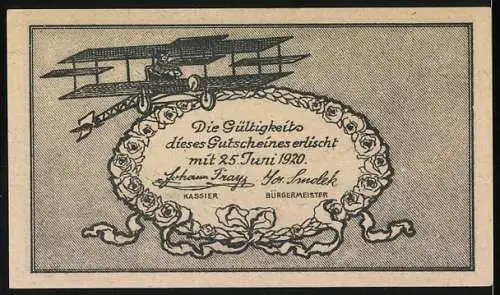 Notgeld Fischamend 1920, 20 Heller, Stadtansicht mit Flugzeug, stilisierte Karte mit Doppeldecker und Gültigkeitsdatum