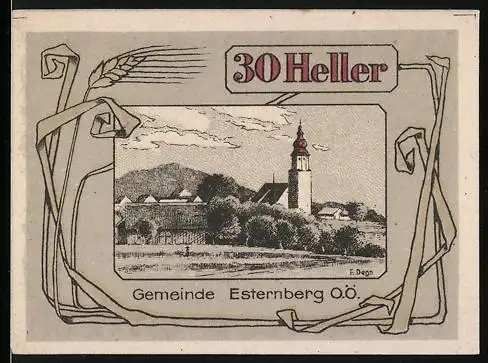 Notgeld Esternberg 1920, 30 Heller, Landschaft mit Kirche und dekorativer Schrift