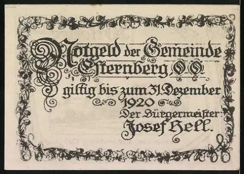 Notgeld Esternberg 1920, 30 Heller, Landschaft mit Kirche und dekorativer Schrift