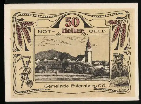 Notgeld Esternberg 1920, 50 Heller, Landschaft mit Kirche und Getreideornamenten