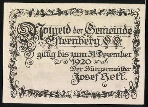 Notgeld Esternberg 1920, 50 Heller, Landschaft mit Kirche und Getreideornamenten