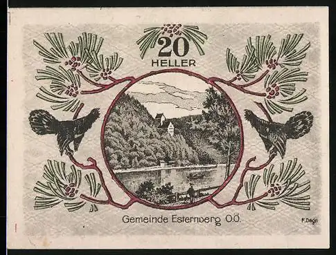 Notgeld Esternberg 1920, 20 Heller, Landschaft mit Wald und Burg, Auerhähne und Tannenzweige