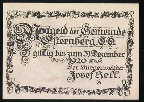 Notgeld Esternberg 1920, 20 Heller, Landschaft mit Wald und Burg, Auerhähne und Tannenzweige