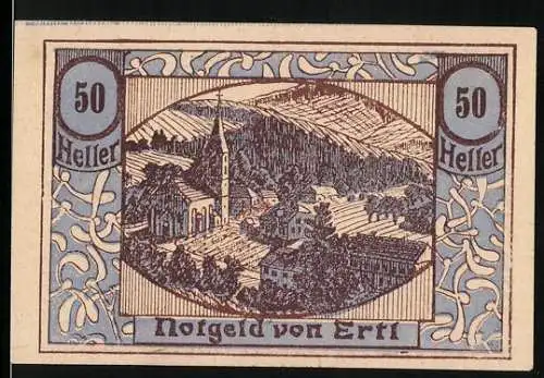 Notgeld Ertl 1920, 50 Heller, Landschaft mit Kirche und Feldern