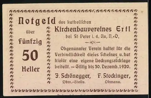 Notgeld Ertl 1920, 50 Heller, Landschaft mit Kirche und Feldern