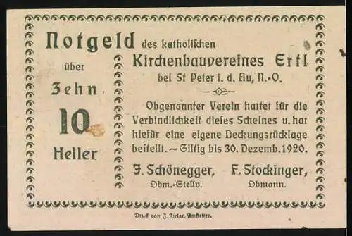 Notgeld Ertl 1920, 10 Heller, Kirchenbauverein und Landschaftsmotiv