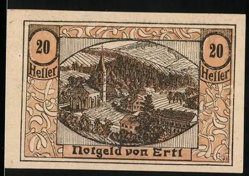 Notgeld Ertl 1920, 20 Heller, Landschaft mit Kirche und Dörflicher Szene