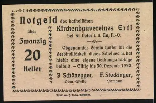 Notgeld Ertl 1920, 20 Heller, Landschaft mit Kirche und Dörflicher Szene