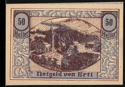 Notgeld Ertl 1920, 50 Heller, Landschaft mit Kirche und Feldern, katholischer Kirchenbauverein St. Peter