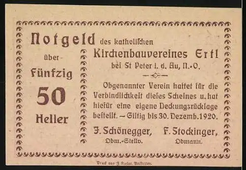 Notgeld Ertl 1920, 50 Heller, Landschaft mit Kirche und Feldern, katholischer Kirchenbauverein St. Peter